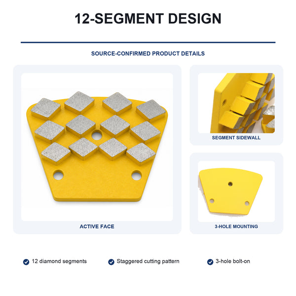 3-Hole Trapezoid 12-Segment Diamond Grinding Plate segment and mounting detail