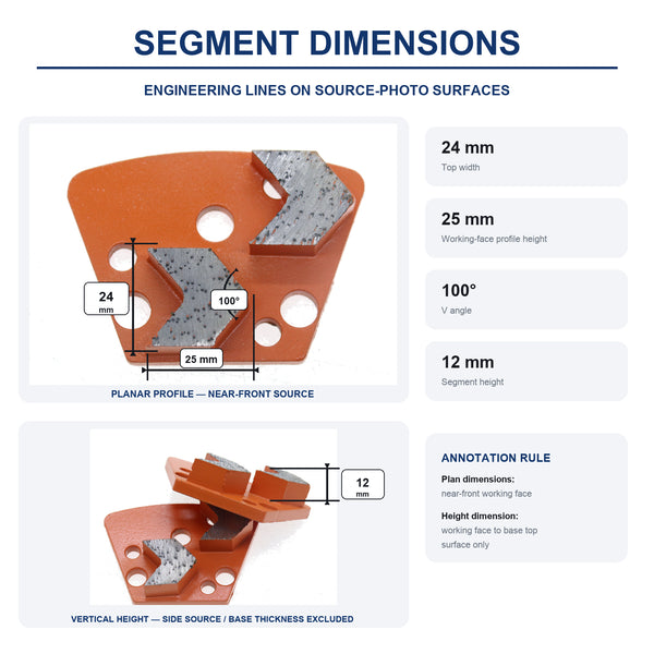 Universal Multi-Hole Double Chevron Grinding Shoe segment dimensions